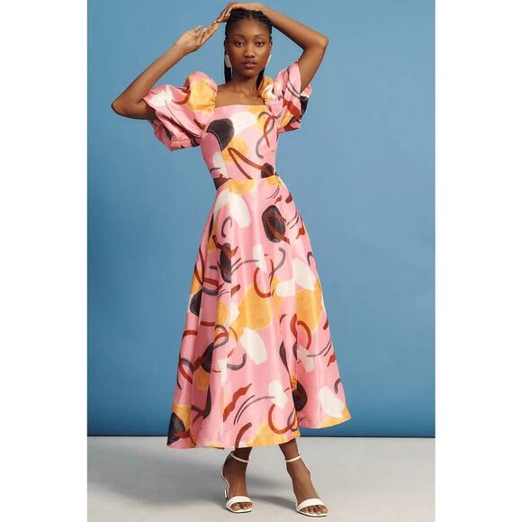 NWT Anthropologie Aureta Studio Printed Puff-Sleeve Cutout Dress Sz XSP #NA410 - Picture 1 of 16